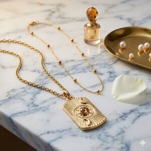 18K Gold Plated Layered Necklace Set Sun Moon Pendant Amber Crystal Satellite Ch